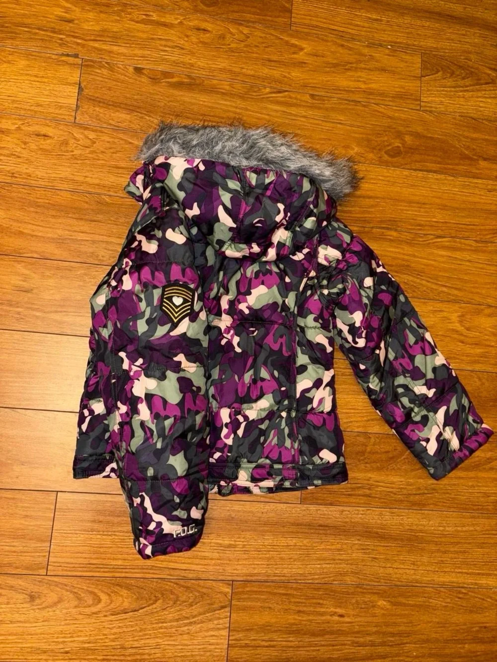 Y2K Purple and green camo coat with faux fur hood